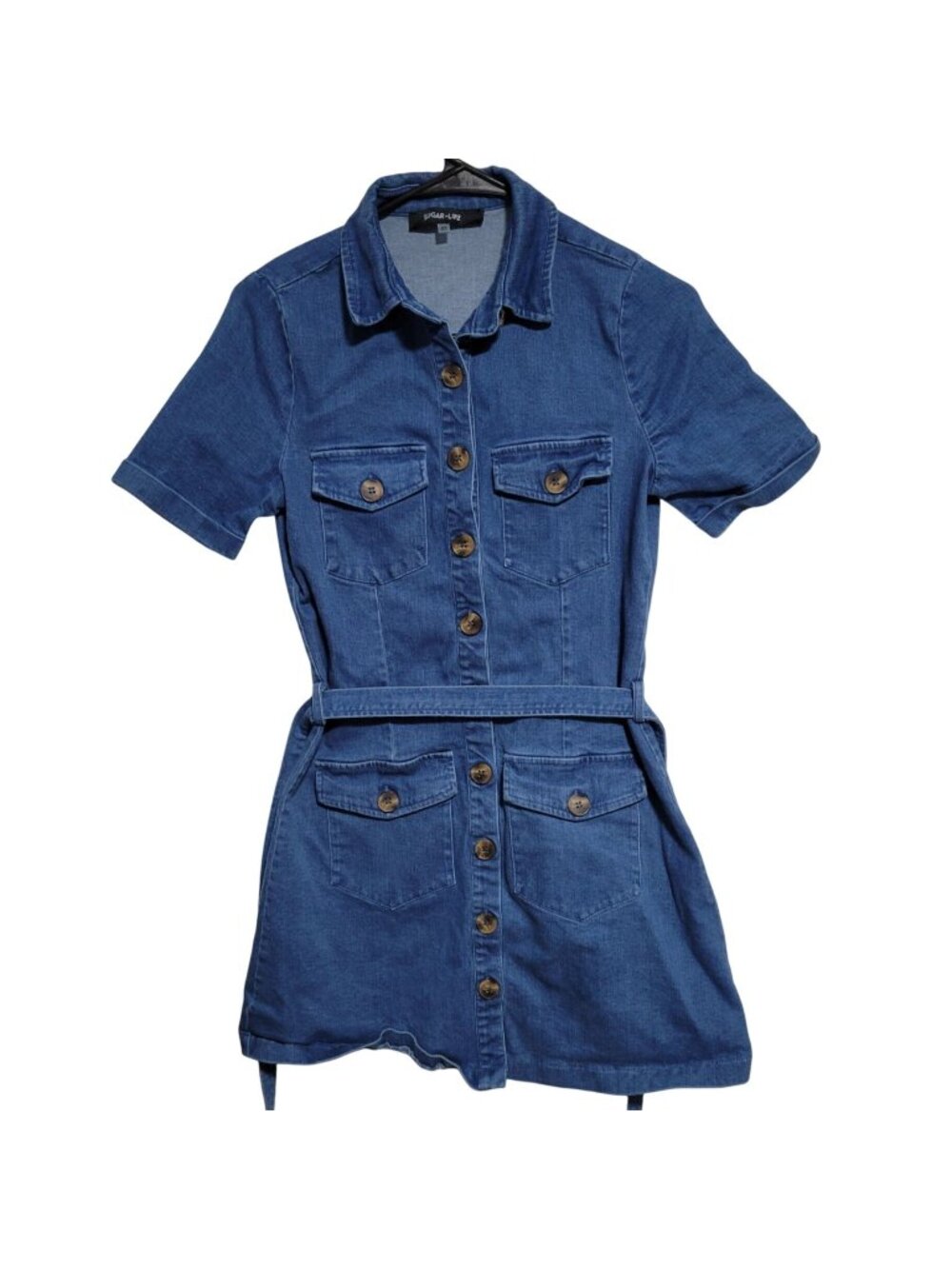 Sugar Lips Denim Shirt Dress Womens Size XS Dark Wash Button Front Belt Y2K
